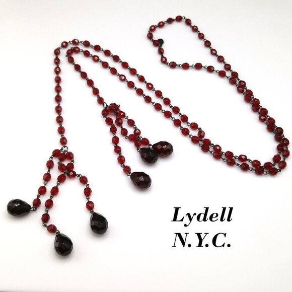 Vintage Red Crystal Necklace, Lydell NYC, Lariat Tassels Black End Pieces, 48 In - Picture 1 of 9